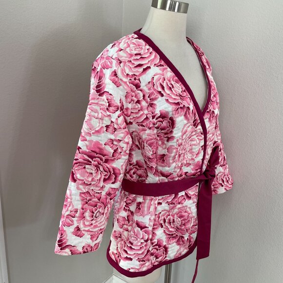 Isaac Mizrahi Live! Womens Plus 2X Floral Quilted Kimono Jacket Pink White - Picture 2 of 13